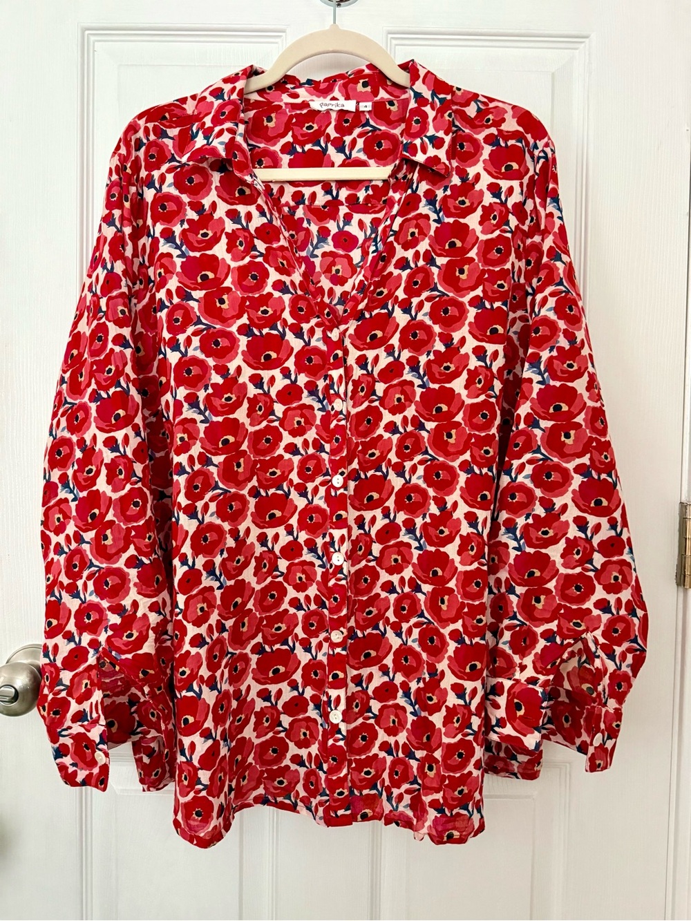Paprika 100% Cotton Red Poppy Floral Lightweight Button Front Shirt Size XL